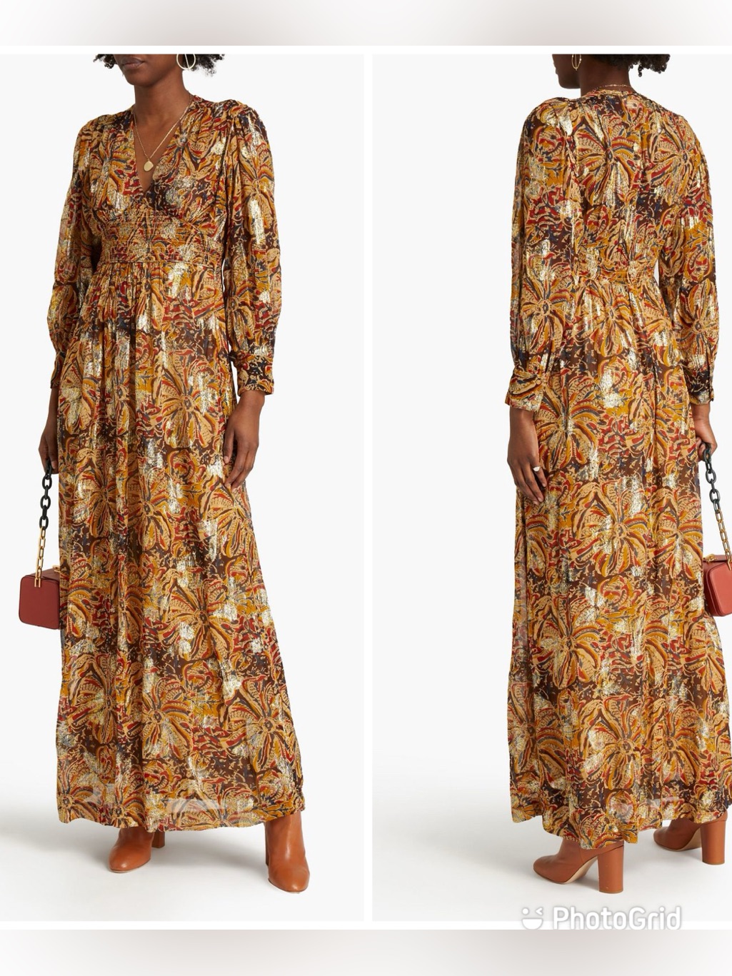 Ba&Sh Quartz Dress Metallic Gold Brown Floral Maxi Dress